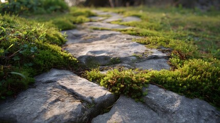 Fototapeta premium Mossy stone path in a sunlit garden showcasing lush green growth and natural textures
