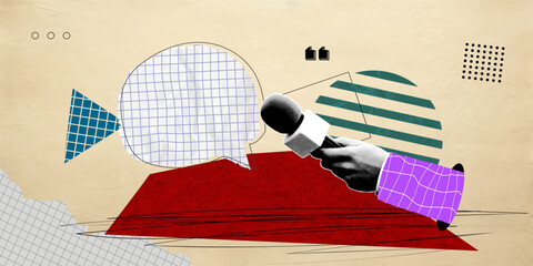 Trendy halftone collage. Hand holding a microphone and a voice message bubble. Online broadcast. Audio recording of an interview. Podcast talk. Vector illustration.
