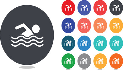 Large Collection of Colorful Swimming Icons in Flat Circular Button Style for Water Sports and App Interface Design.