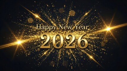 Happy New Year 2026 gold text and sparkling particles