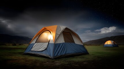Two illuminated camping tents sit in a grassy field under a starry night sky with clouds and distant mountains
