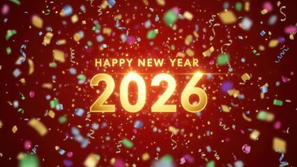 Happy New Year 2026 golden text with falling confetti
