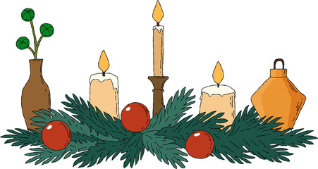 christmas candles and holly cartoon drawing christmas decor