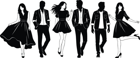 Fashion silhouette set with six stylish male and female figures in dynamic poses for modern apparel and lifestyle themes.