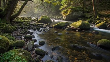 Serene Stream's Embrace: Witness the tranquil beauty of a crystal-clear stream as it meanders through a lush, verdant forest.