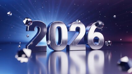Metallic 2026 numbers with floating crystal shards
