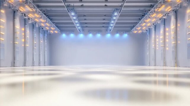 Architectural Spectacle: An expansive warehouse space, boasting clean lines, high ceilings, and a polished floor that reflects the cool overhead lighting.