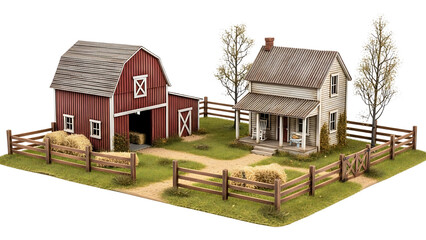 Obraz premium Charming miniature model of a rural farm homestead, featuring a classic red barn, a rustic farmhouse, fencing, and hay bales on a scenic base