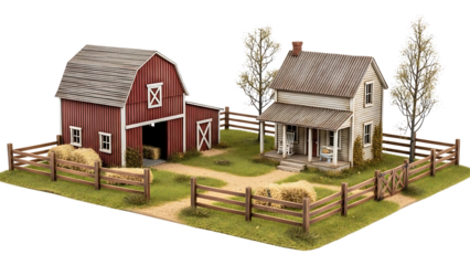 Charming miniature model of a rural farm homestead, featuring a classic red barn, a rustic farmhouse, fencing, and hay bales on a scenic base