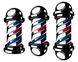 Barber shop pole vector illustration with red and blue stripes, black top and bottom, set of three different sizes.