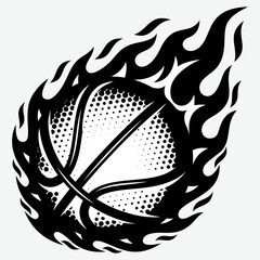 Flaming basketball vector illustration in black and white with halftone pattern, dynamic fire graphic.