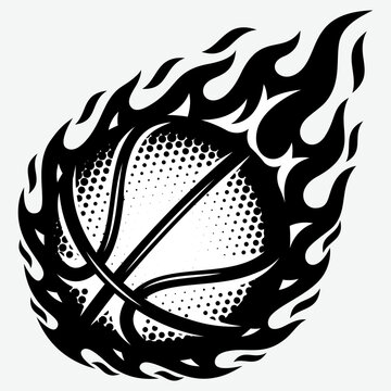 Flaming basketball vector illustration in black and white with halftone pattern, dynamic fire graphic.