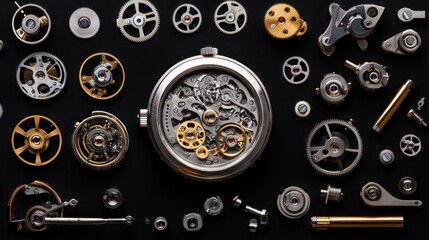 Intricate watch components meticulously arranged on black, showcasing gears, springs, and a central mechanism. Detail, precision and craft are shown