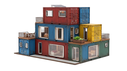 Detailed miniature model showcasing an innovative multi-story architectural concept for sustainable living, crafted from repurposed colorful shipping containers as a modular dwelling