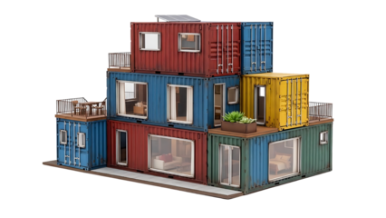 Detailed miniature model showcasing an innovative multi-story architectural concept for sustainable living, crafted from repurposed colorful shipping containers as a modular dwelling
