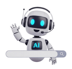Fototapeta premium 3d cartoon cute robot with headphones and microphone waving hand with search bar transparent background cutout png
