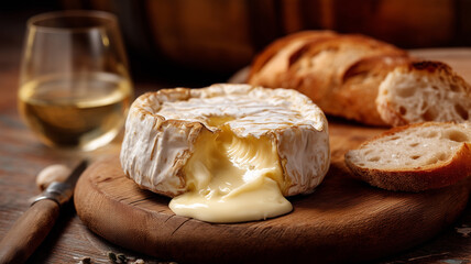A rustic and inviting food photography shot of a whole, gooey melted Camembert cheese wheel on a circular wooden board, served with crusty baguette slices