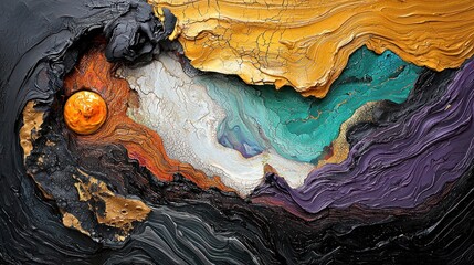 A textural artwork with bold, layered colors suggesting a landscape or abstract form. Deep blacks and gold contrast vividly