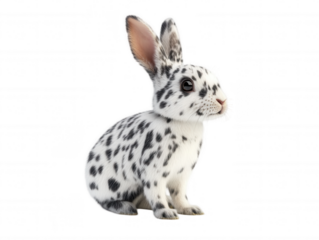 Adorable white rabbit with black spots on black background