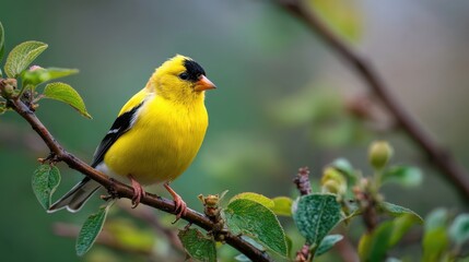 Fototapeta premium A yellow bird sits on a branch with green leaves around it. The setting shows soft colors and natural light during the day. The bird has a black cap on its head and appears to be still.