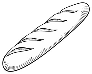 Ink drawing of a crusty French baguette loaf, food illustration.