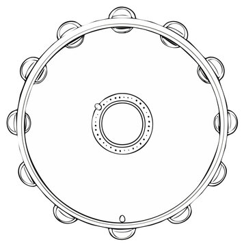 Black and white line art illustration of a tambourine with jingles, a musical percussion instrument