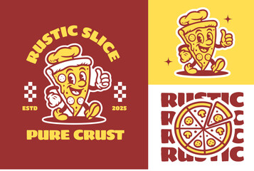 Pizza Retro Mascot Logo for Pizza Shop and Restaurant. Cartoon Character Vector Illustration in Vintage Style