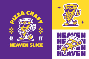 Pizza Retro Mascot Logo for Pizza Shop and Restaurant. Cartoon Character Vector Illustration in Vintage Style