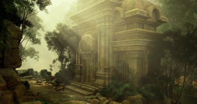 Sunlight filters through a misty forest, illuminating ancient temple ruins nestled among dense foliage. Stone structures hint at a long lost civilization.