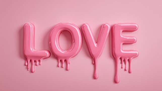 Bright pink letters spell out the word love melting and dripping on a smooth pastel surface creating a playful and artistic scene focused on love and affection.