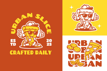 Pizza Retro Mascot Logo for Pizza Shop and Restaurant. Cartoon Character Vector Illustration in Vintage Style