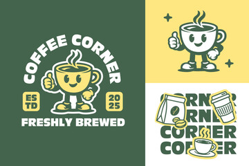 Coffee Retro Mascot Logo for Cafe. Cartoon Character Vector Illustration in Vintage Style