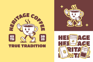 Coffee Retro Mascot Logo for Cafe. Cartoon Character Vector Illustration in Vintage Style