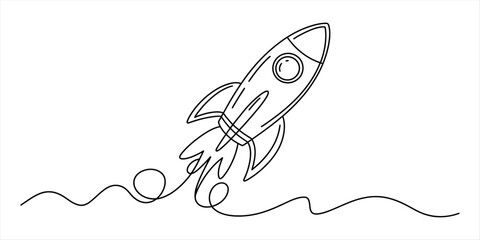 Continuous line art drawing of a rocket launch taking off into space Vector, illustration © Creative_Oneline