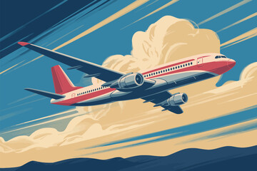 Vintage Airline Poster Featuring Stylish Airplane and Happy Travelers, Promoting Air Travel, Retro Aviation Design, Flat Vector Illustration, Perfect for Tourism, Flight Marketing, and Travel Posters