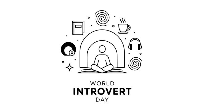 Minimalist meditation doodle celebrating World Introvert Day with icons. - Powered by Adobe