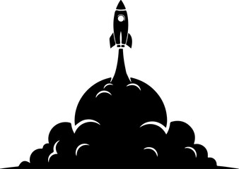 Rocket Launch Silhouette with Smoke Clouds Vector Icon