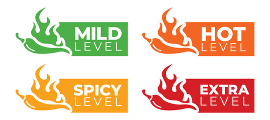 Spicy Level Labels with Chili and Flame Icons, Chili Pepper Heat Level Warning Icons, Spicy Heat Level Labels for Food Packaging