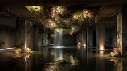 Fototapeta premium Suspended floral arrangement with cascading water feature in old industrial building reflecting on water, highlighting nature within architecture, creates a unique atmosphere