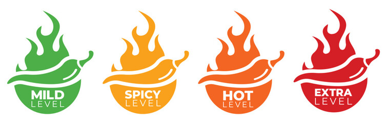 Spicy Level Labels with Chili and Flame Icons, Chili Pepper Heat Level Warning Icons, Spicy Heat Level Labels for Food Packaging