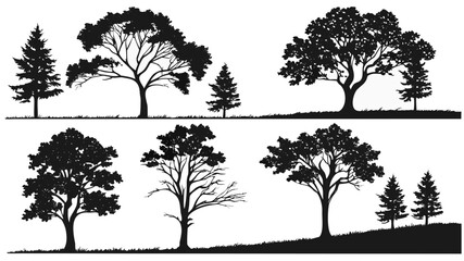 Vector illustration collection of black tree silhouettes on in various shapes and sizes
