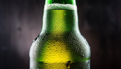 Close Up Of Cold Green Beer Bottle With Condensation Droplets On Dark Moody Background