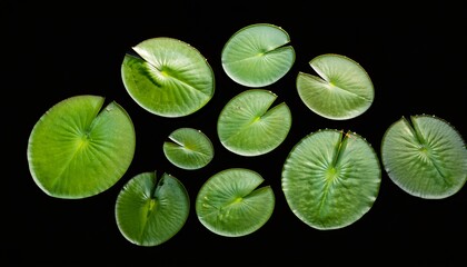 Overhead Shot Of Multiple Flat Circular Green Lily Pads Against A Black Background
