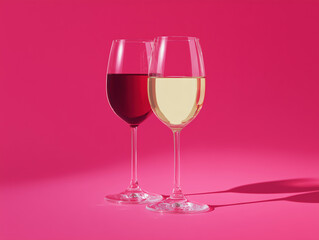 One glass of red wine and one glass of white wine, set against an empty pink background.