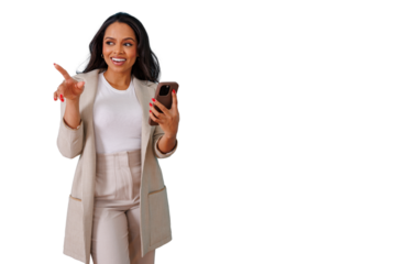 Smiling young businesswoman pointing while holding smartphone, discussing and presenting on transparent background
