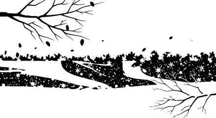 Naklejka premium Monochrome shoreline scene featuring silhouetted birds gliding over calm water and distant reeds.