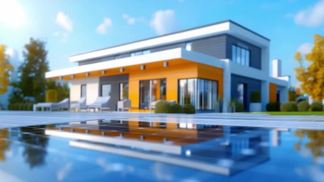 Modern Home Reflection: A contemporary residence, boasting sleek lines and a stylish facade, is perfectly reflected in the crystal-clear water of a serene pool on a bright, sunny day.