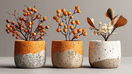 Two minimalist speckled pots holding vibrant orange berry branches create a still life aesthetic on a light gray surface