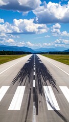 Runway with tire marks, clouds, and mountains