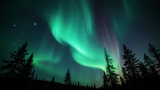 The stunning natural phenomenon of Aurora Borealis over a tranquil pine forest.